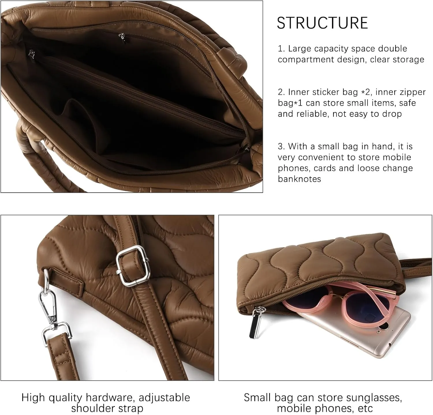 Puffer Tote Bag with zipper for Women, Large Quilted Handbags,Shoulder Bag,Top Handle Satchel for Travel,Work