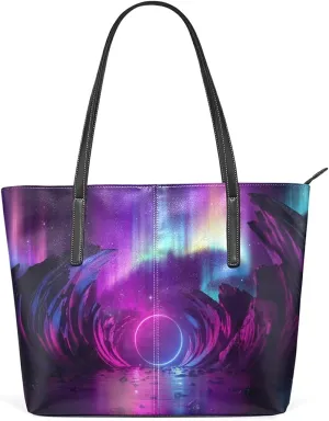 Purple Aurora Tote Bag for Women Leather Shoulder Handbag with Zipper and Pockets Fashion Casual Handle Bag Purse for Travel Beach Working Laptop School Gym Shopping