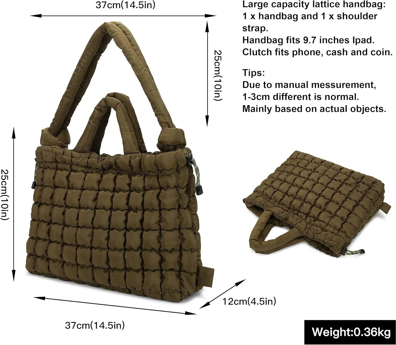 Queenoris Quilted Puffer Work Tote Bag for Women, Large Lightweight Carryall Shoulder Bag with Zipper Crossbody Bag