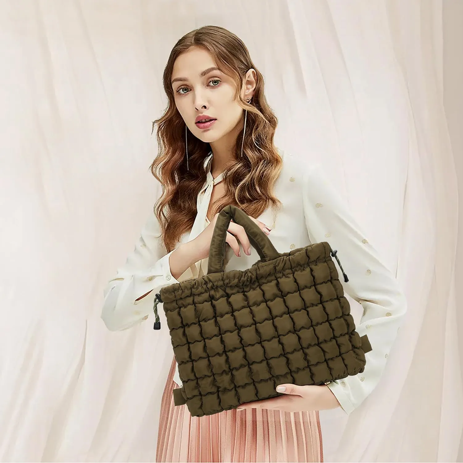 Queenoris Quilted Puffer Work Tote Bag for Women, Large Lightweight Carryall Shoulder Bag with Zipper Crossbody Bag