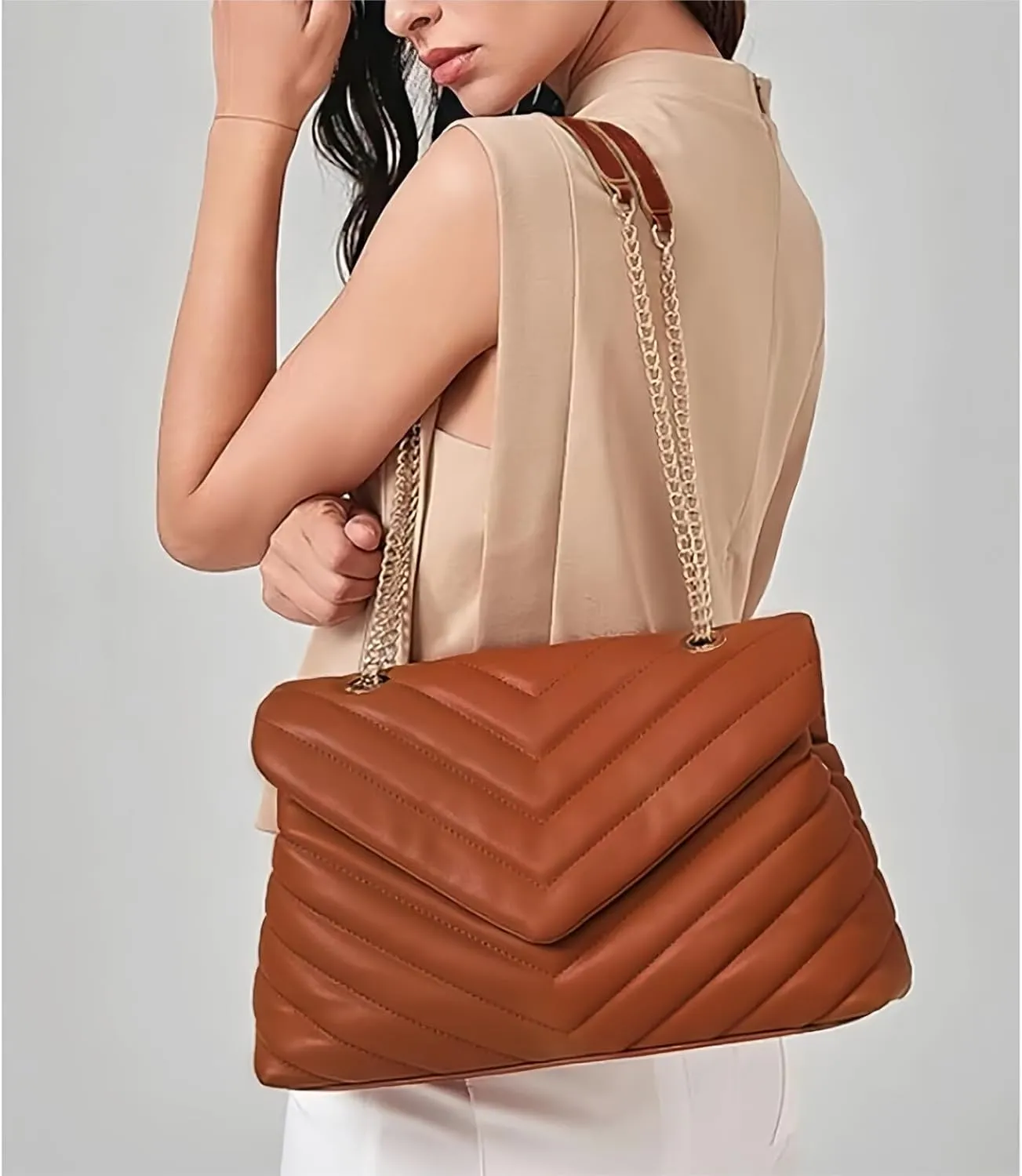 Quilted Crossbody Bag for Women, Soft Vegan Chevron Purses, Trendy Shoulder Handbags with Flap