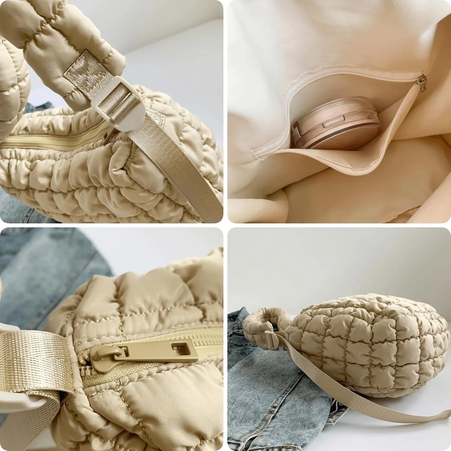 Quilted Nylon Shoulder Crossbody Bag Women Tote Hobos Handbags Puffy Padded Purse Lightweight with Adjustable Shoulder Strap