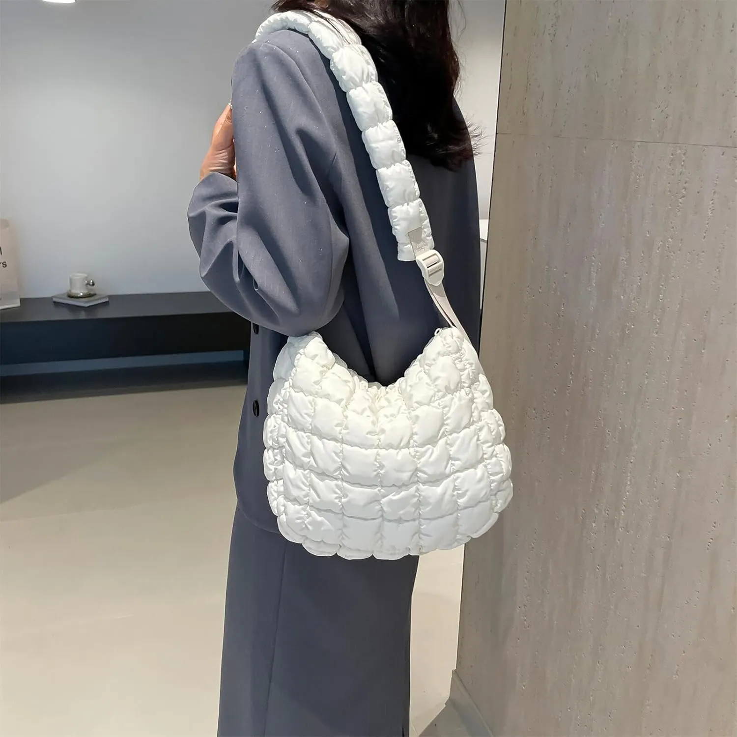 Quilted Nylon Shoulder Crossbody Bag Women Tote Hobos Handbags Puffy Padded Purse Lightweight with Adjustable Shoulder Strap