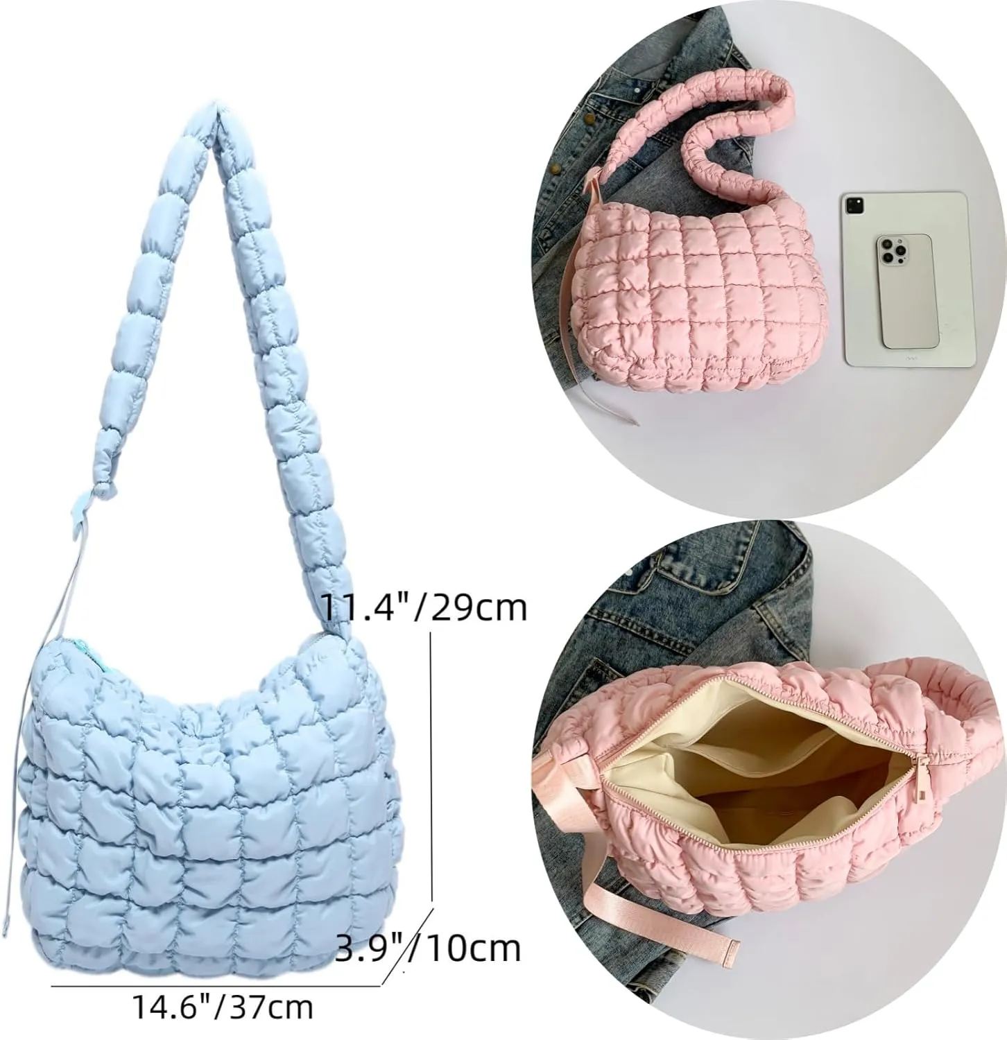 Quilted Nylon Shoulder Crossbody Bag Women Tote Hobos Handbags Puffy Padded Purse Lightweight with Adjustable Shoulder Strap