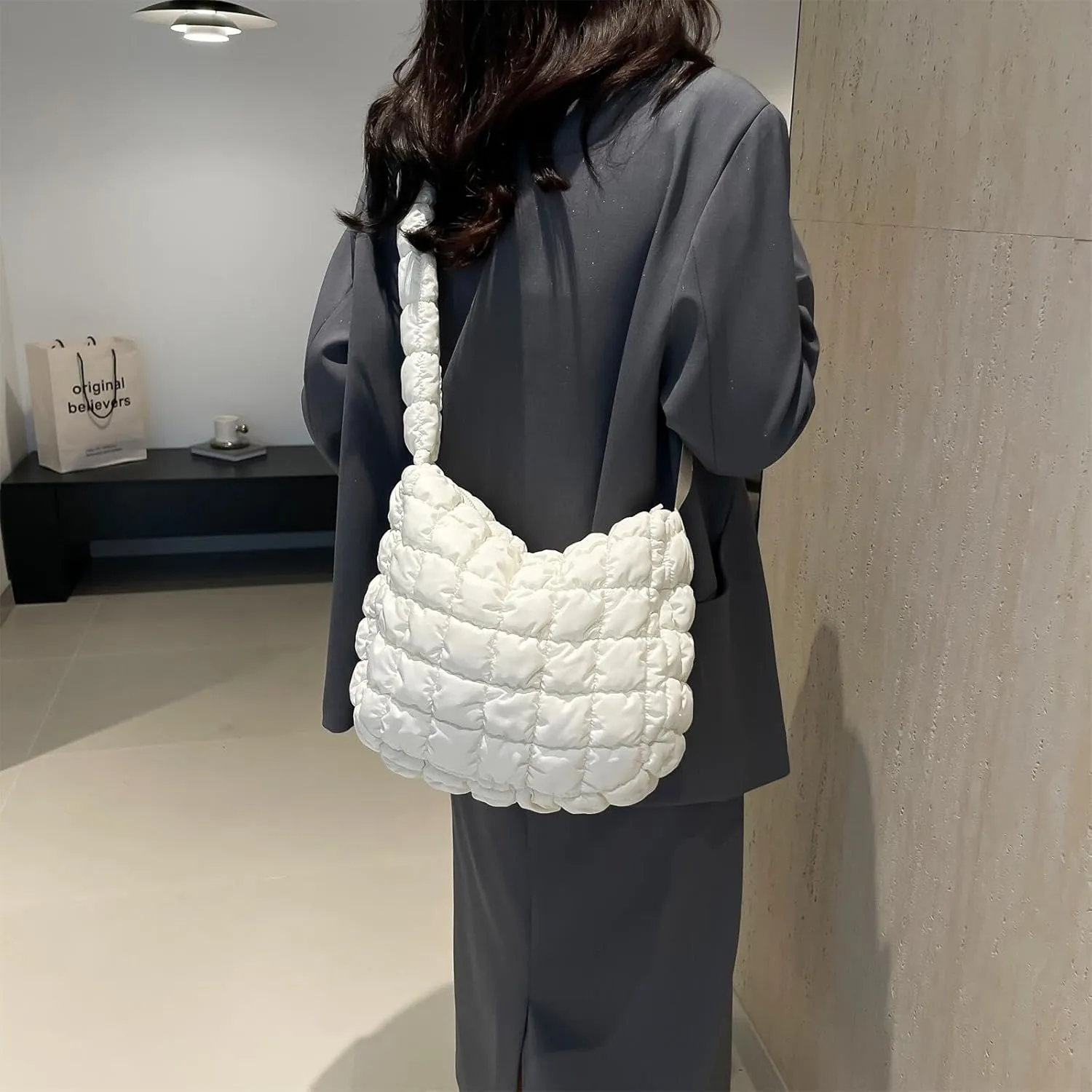 Quilted Nylon Shoulder Crossbody Bag Women Tote Hobos Handbags Puffy Padded Purse Lightweight with Adjustable Shoulder Strap
