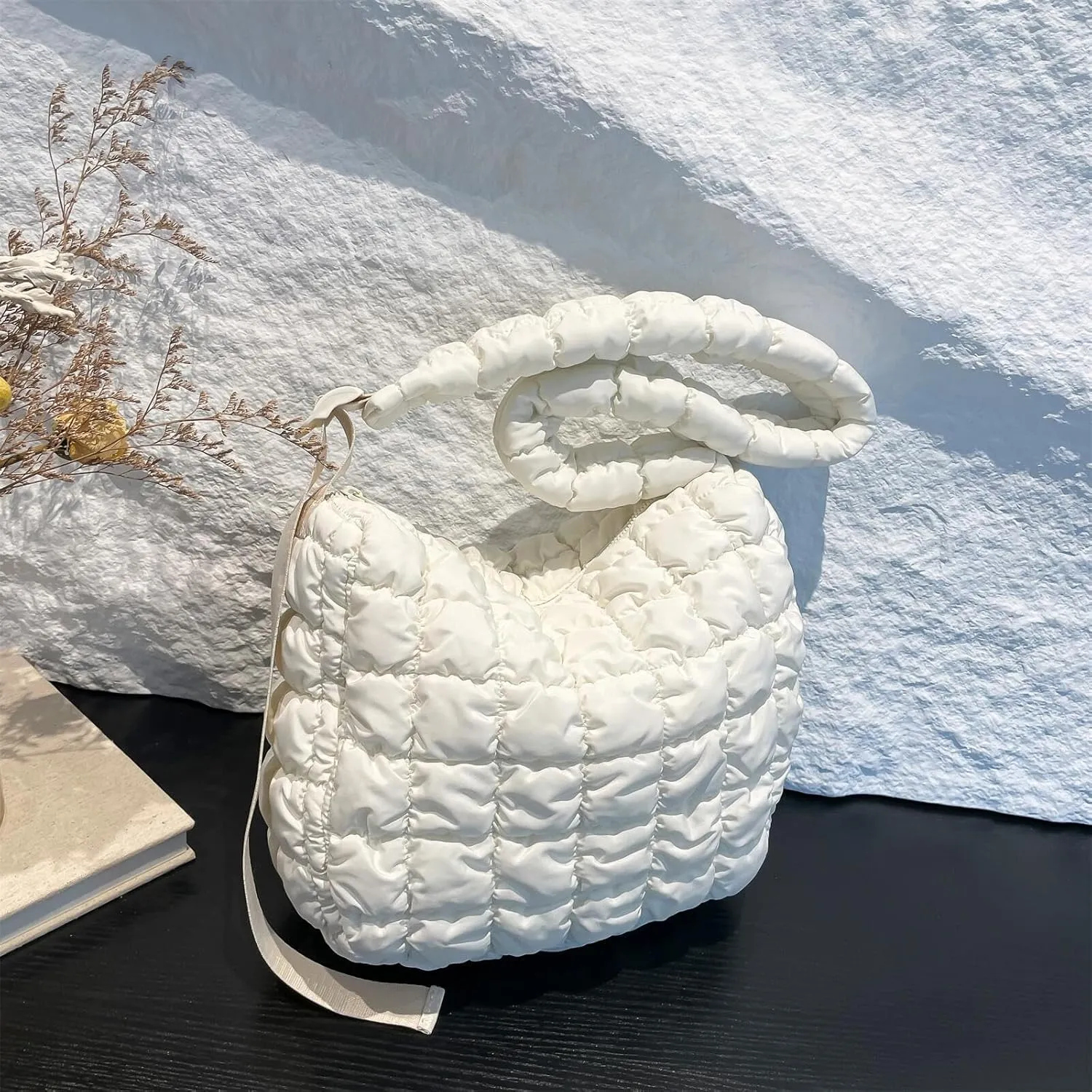 Quilted Nylon Shoulder Crossbody Bag Women Tote Hobos Handbags Puffy Padded Purse Lightweight with Adjustable Shoulder Strap