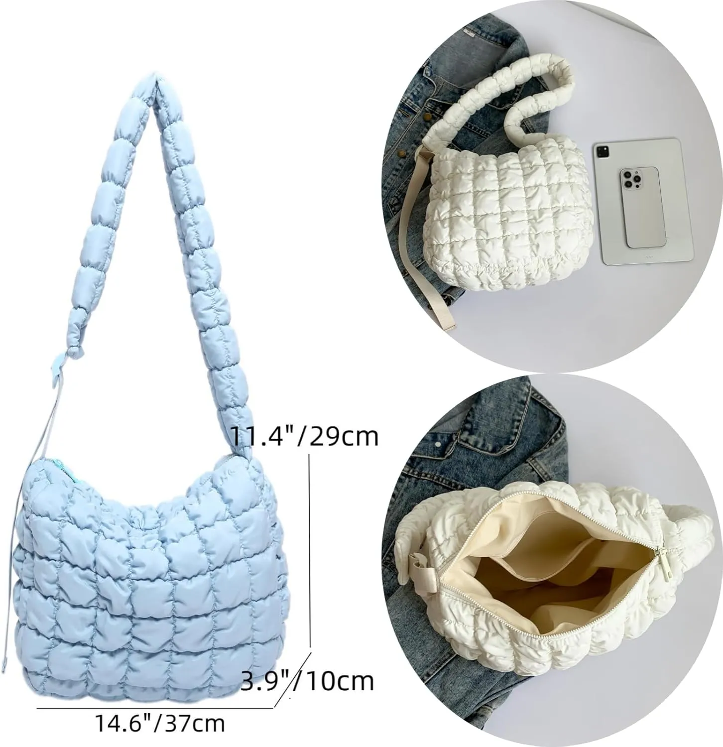 Quilted Nylon Shoulder Crossbody Bag Women Tote Hobos Handbags Puffy Padded Purse Lightweight with Adjustable Shoulder Strap