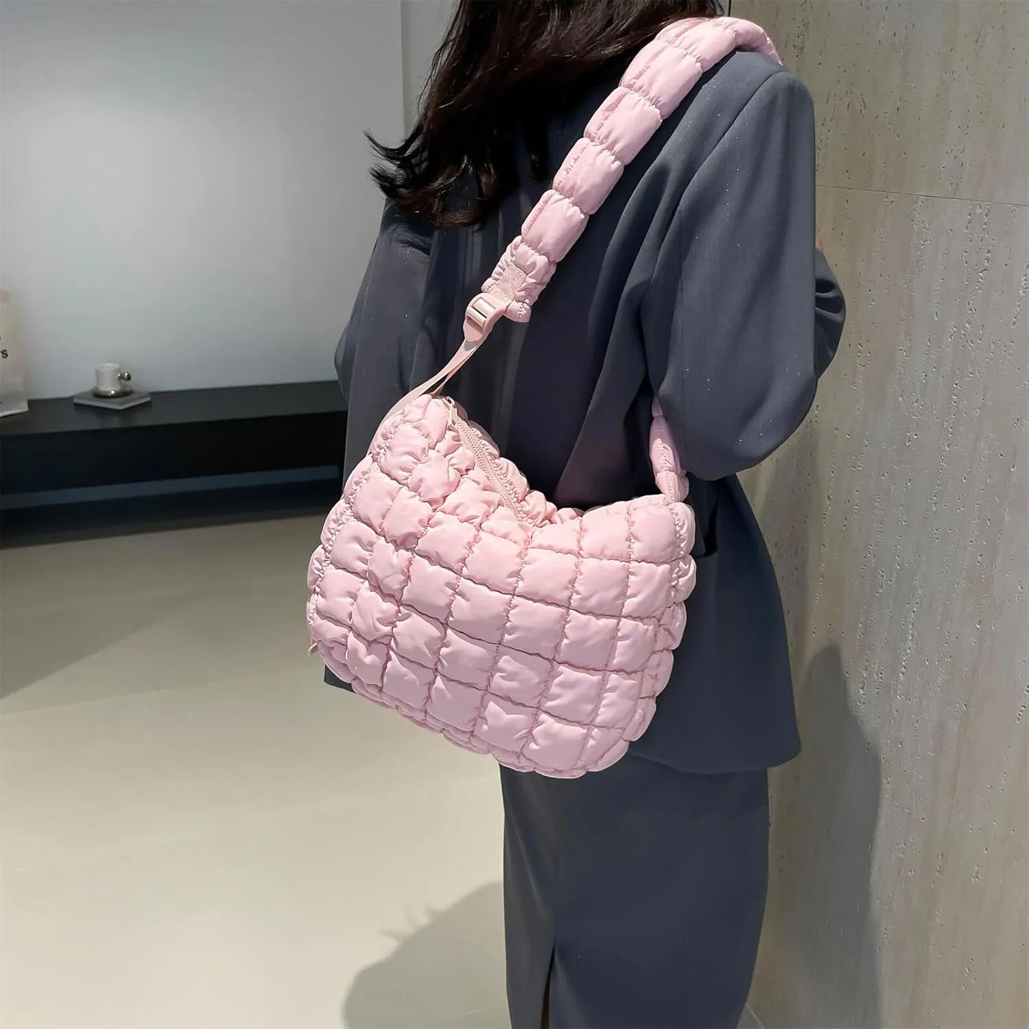 Quilted Nylon Shoulder Crossbody Bag Women Tote Hobos Handbags Puffy Padded Purse Lightweight with Adjustable Shoulder Strap