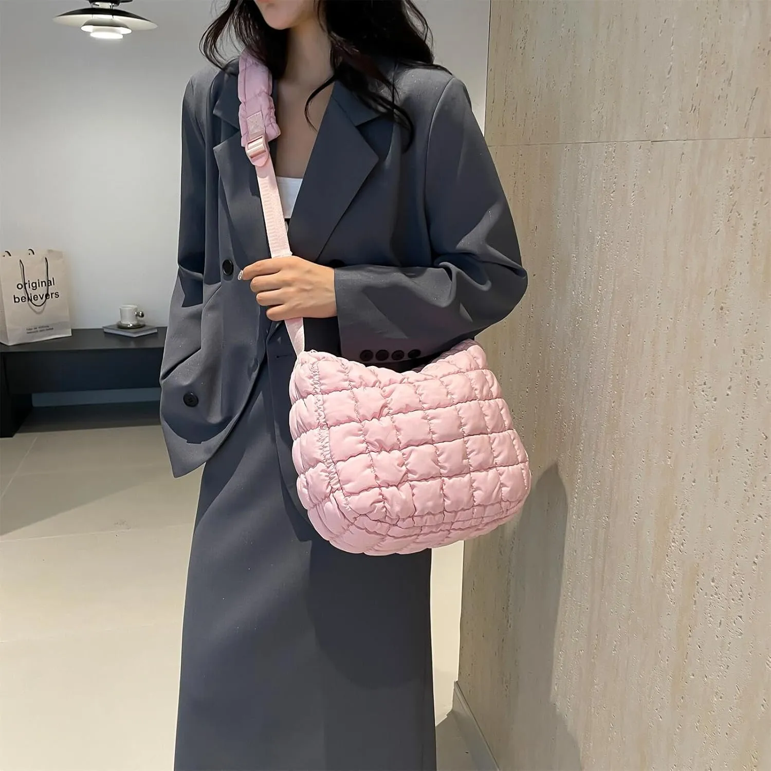 Quilted Nylon Shoulder Crossbody Bag Women Tote Hobos Handbags Puffy Padded Purse Lightweight with Adjustable Shoulder Strap