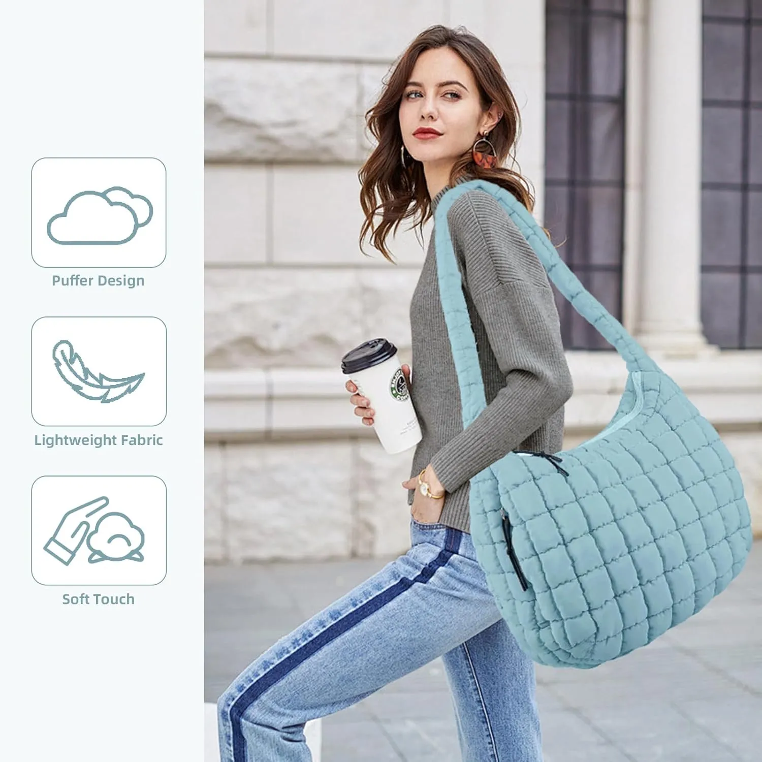 Quilted Puffer Tote Bag for Women Large Quilted Crossbody Hobo Bags Puffy Purse Carryall Bag Nylon Shoulder Handbag