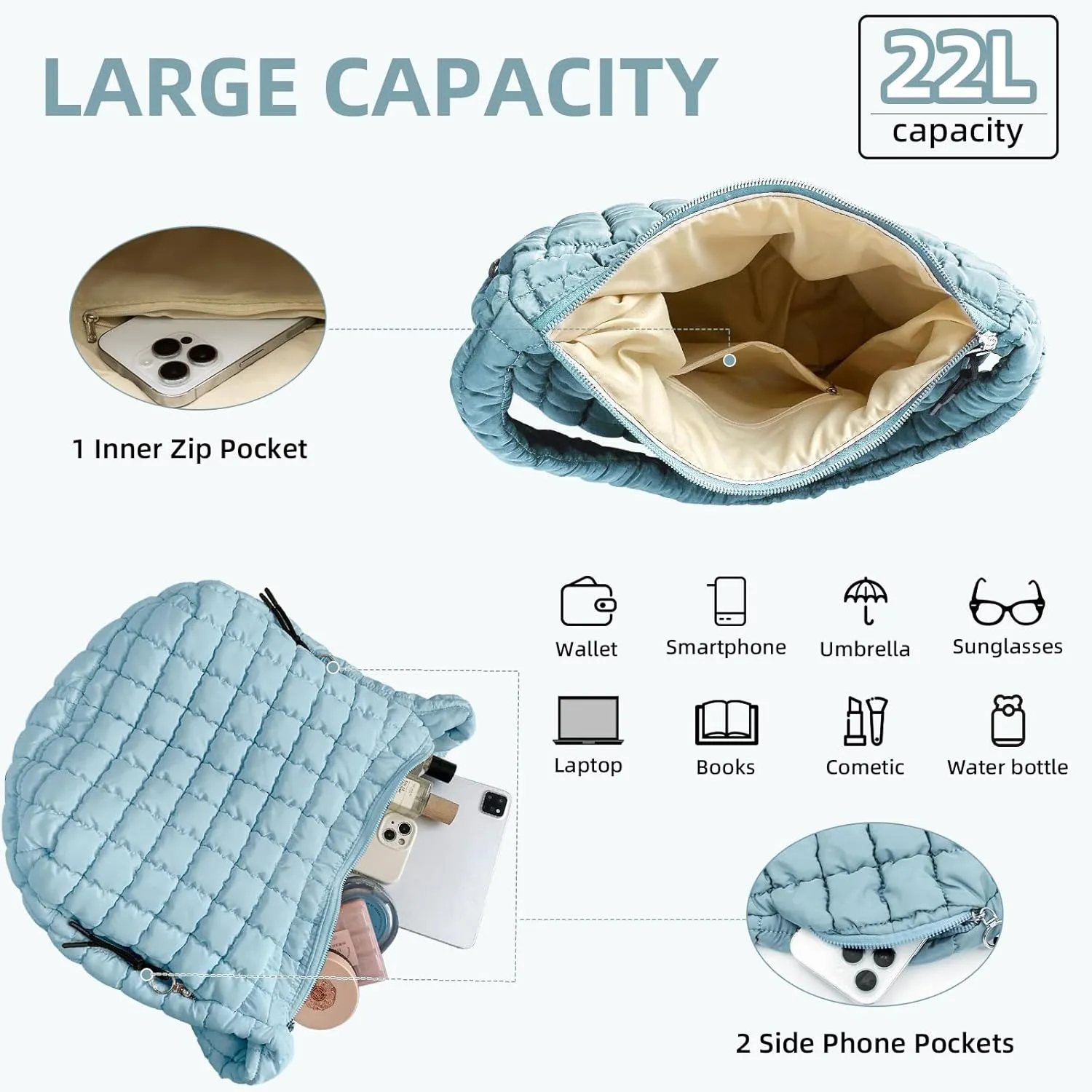 Quilted Puffer Tote Bag for Women Large Quilted Crossbody Hobo Bags Puffy Purse Carryall Bag Nylon Shoulder Handbag