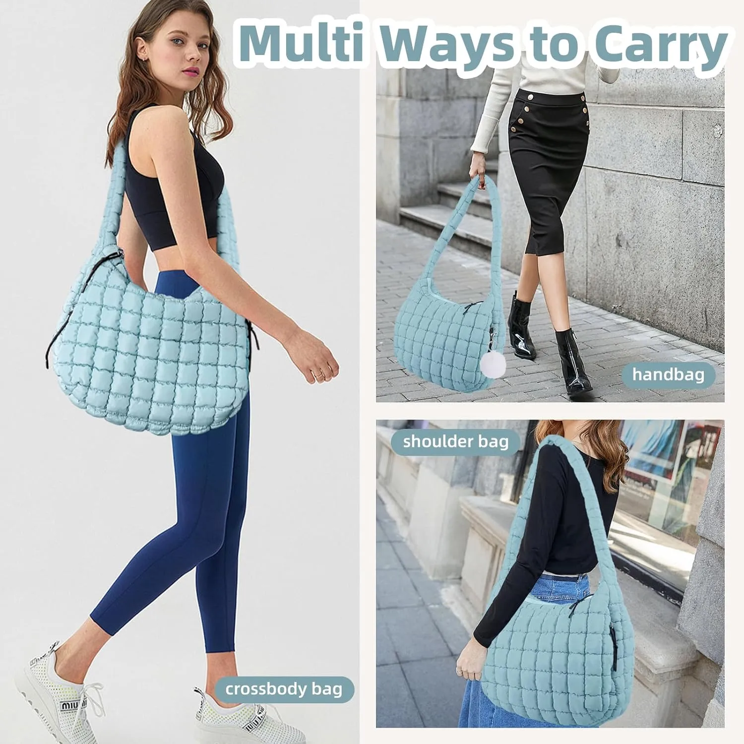 Quilted Puffer Tote Bag for Women Large Quilted Crossbody Hobo Bags Puffy Purse Carryall Bag Nylon Shoulder Handbag