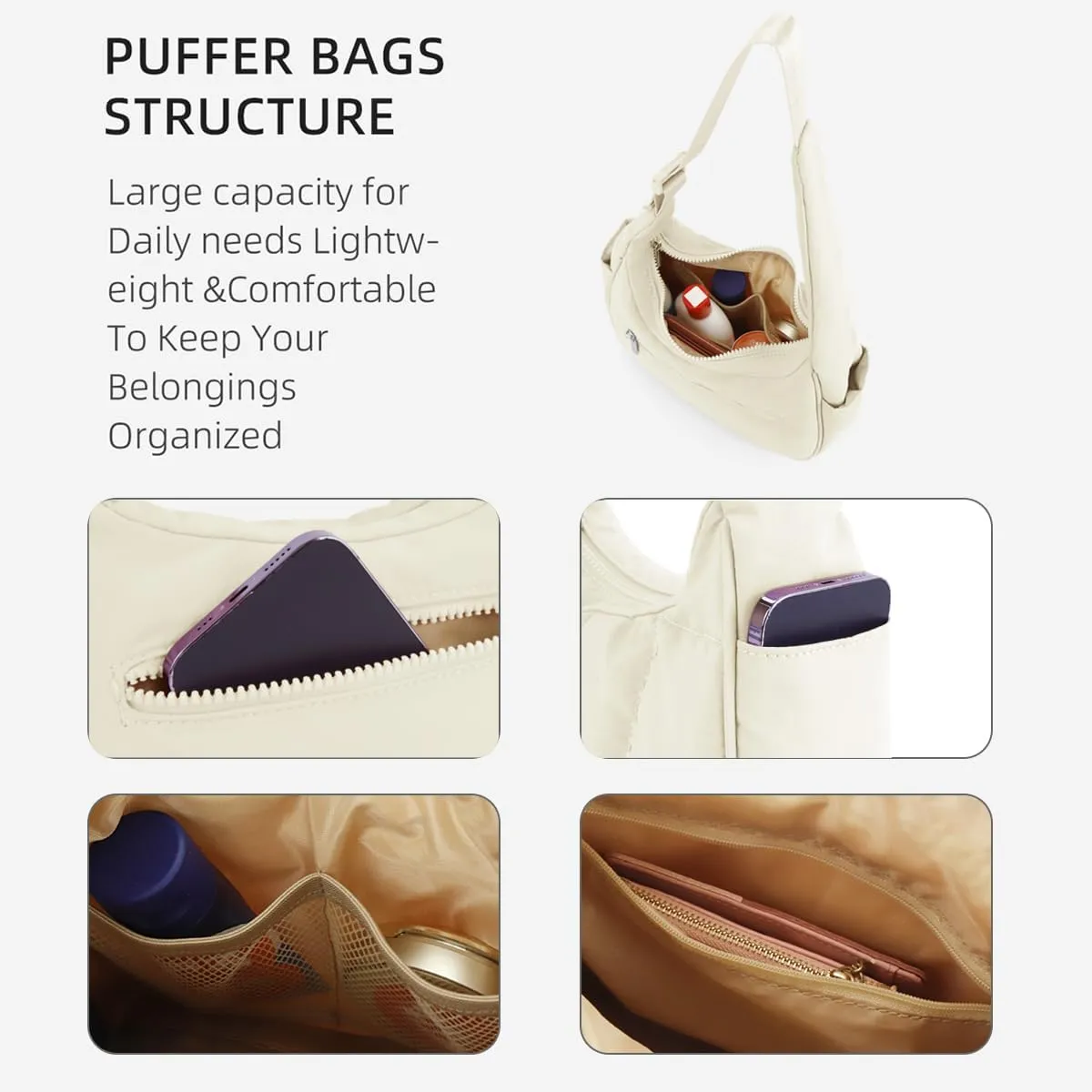 Quilted Puffer Tote Bag for Women，Small Puffer Crescent Shoulder Bag，Quilted Nylon Crossbody Bag with Adjustable Strap