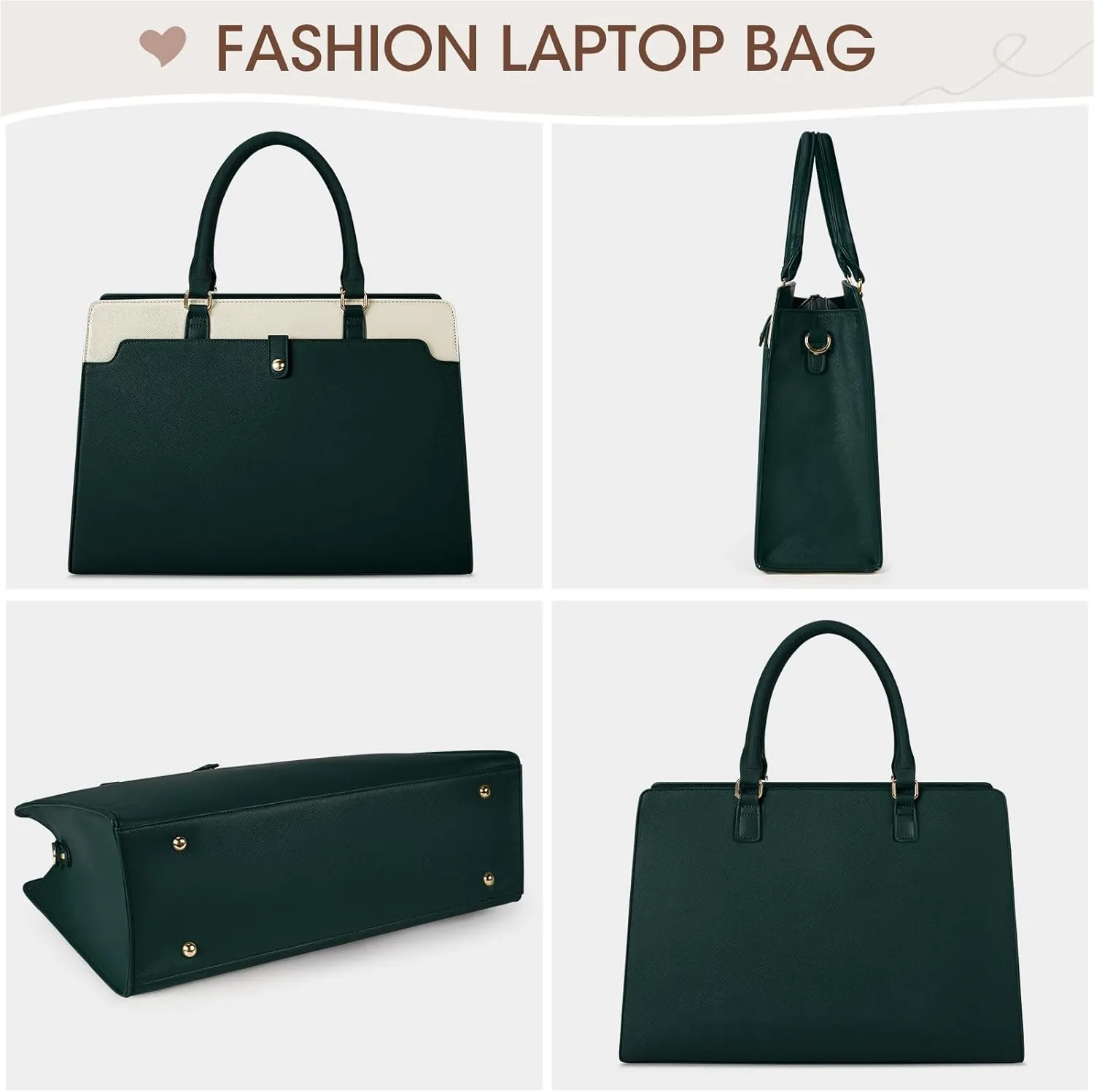 Rainsmore Laptop Tote Bag for Women - 15.6 Inch, Leather, Waterproof, Business Office, Large Capacity, Shoulder Bag, Beige and Dark Green