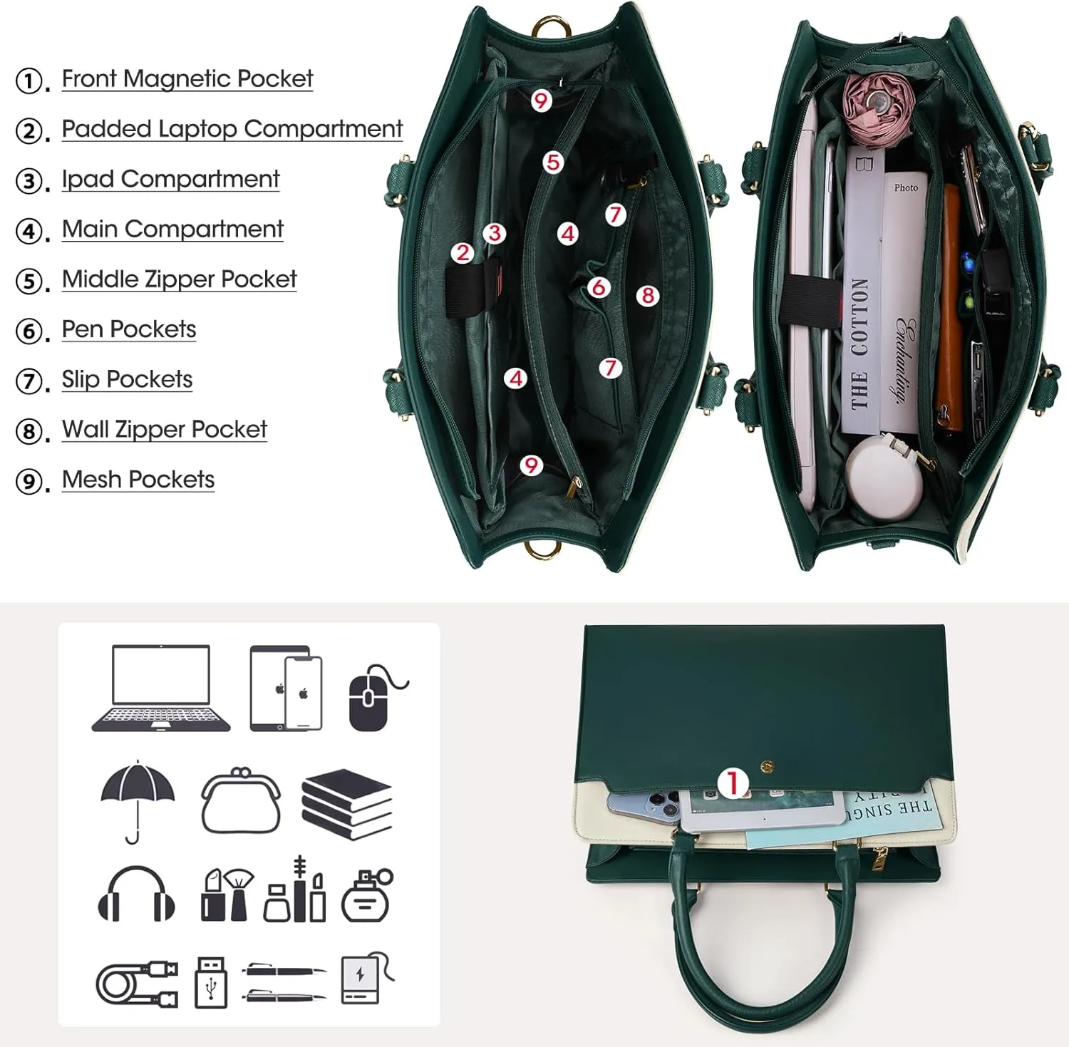 Rainsmore Laptop Tote Bag for Women - 15.6 Inch, Leather, Waterproof, Business Office, Large Capacity, Shoulder Bag, Beige and Dark Green