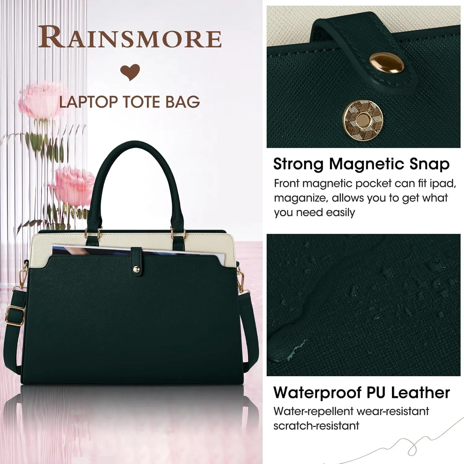 Rainsmore Laptop Tote Bag for Women - 15.6 Inch, Leather, Waterproof, Business Office, Large Capacity, Shoulder Bag, Beige and Dark Green