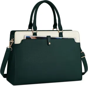 Rainsmore Laptop Tote Bag for Women - 15.6 Inch, Leather, Waterproof, Business Office, Large Capacity, Shoulder Bag, Beige and Dark Green