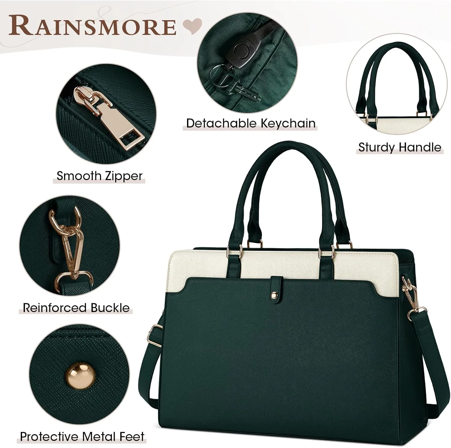 Rainsmore Laptop Tote Bag for Women - 15.6 Inch, Leather, Waterproof, Business Office, Large Capacity, Shoulder Bag, Beige and Dark Green