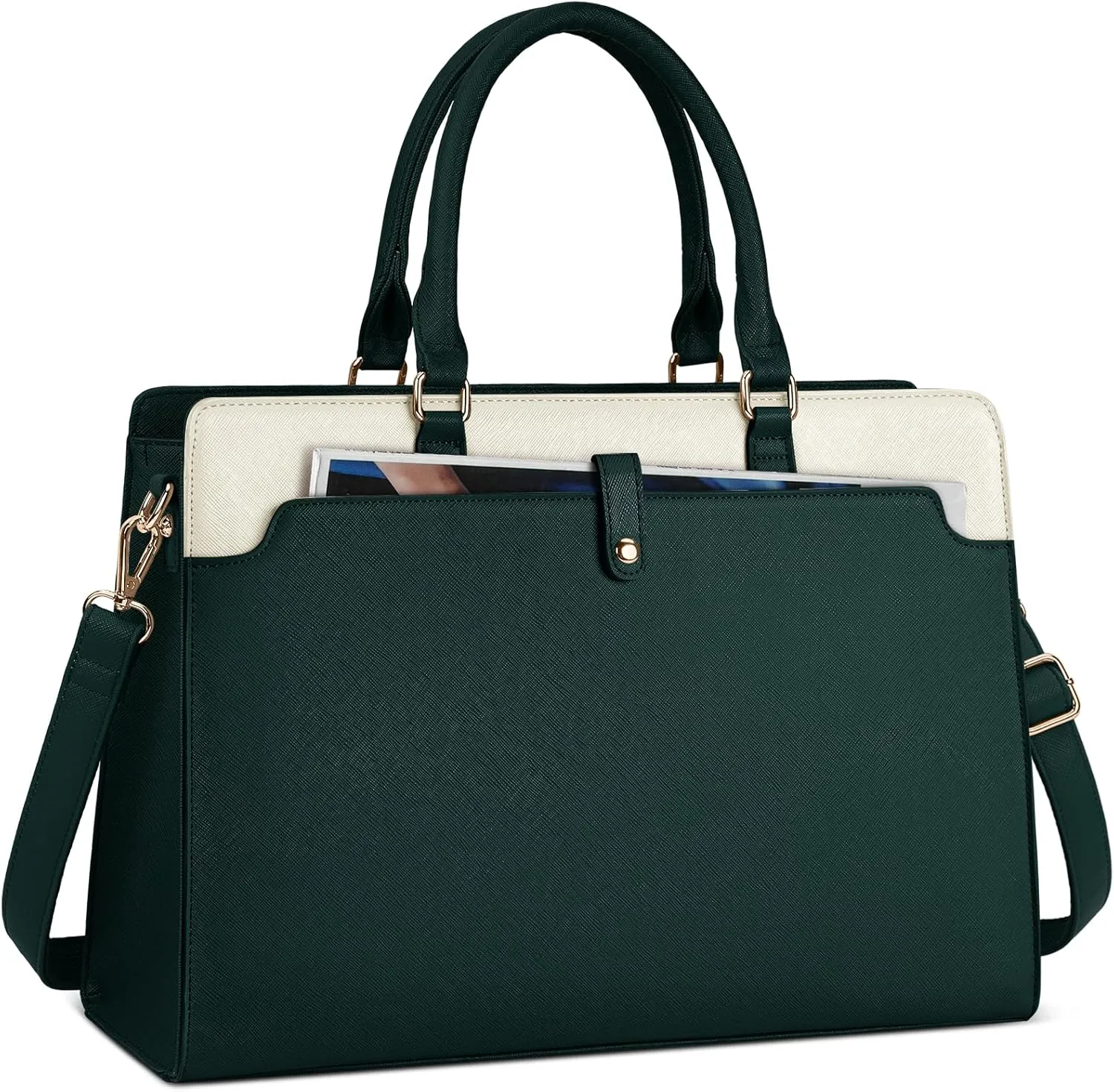 Rainsmore Laptop Tote Bag for Women - 15.6 Inch, Leather, Waterproof, Business Office, Large Capacity, Shoulder Bag, Beige and Dark Green