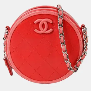 Red Quilted Lambskin Color Pop Round Clutch with Chain