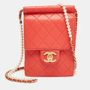 Red Quilted Leather Vertical Pearl Chain Clutch