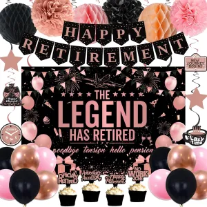 Retirement Party Decorations Women, Rose Gold Black Happy Retirement Decorations Female, Happy RetIrement Banner, Retired Backdrop, Balloons, Pompoms, Hanging Swirls, Retired Cards, Cake Topper 54pcs