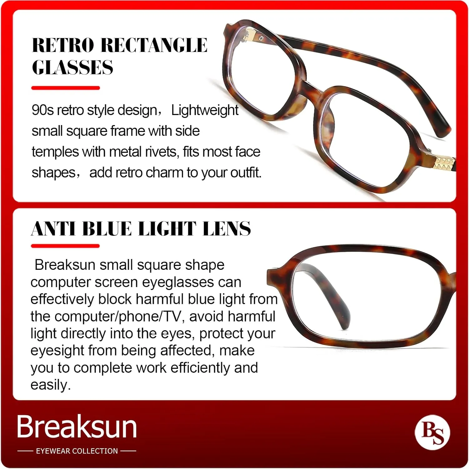 Retro Rectangle Glasses for Women Men Small Square Blue Light Blocking Glasses Vintage Eyeglasses