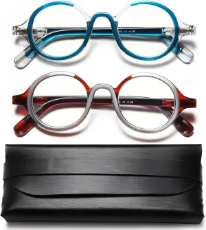 Retro Round Reading Glasses for Men and Women, Stylish Color Frame Design, Blue Light Blocking, Spring Hinges, Anti Eye Strain Computer Readers, 1.5