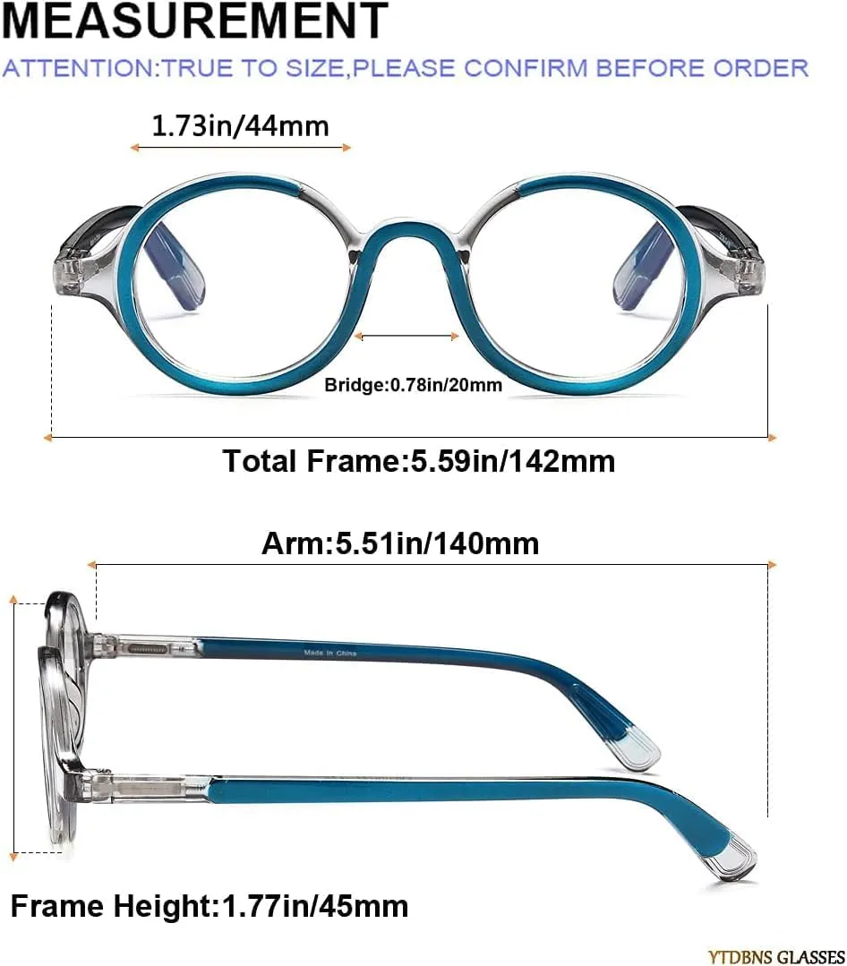 Retro Round Reading Glasses for Men and Women, Stylish Color Frame Design, Blue Light Blocking, Spring Hinges, Anti Eye Strain Computer Readers, 1.5