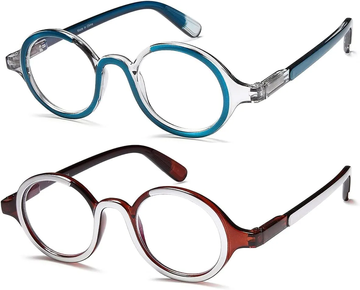 Retro Round Reading Glasses for Men and Women, Stylish Color Frame Design, Blue Light Blocking, Spring Hinges, Anti Eye Strain Computer Readers, 1.5