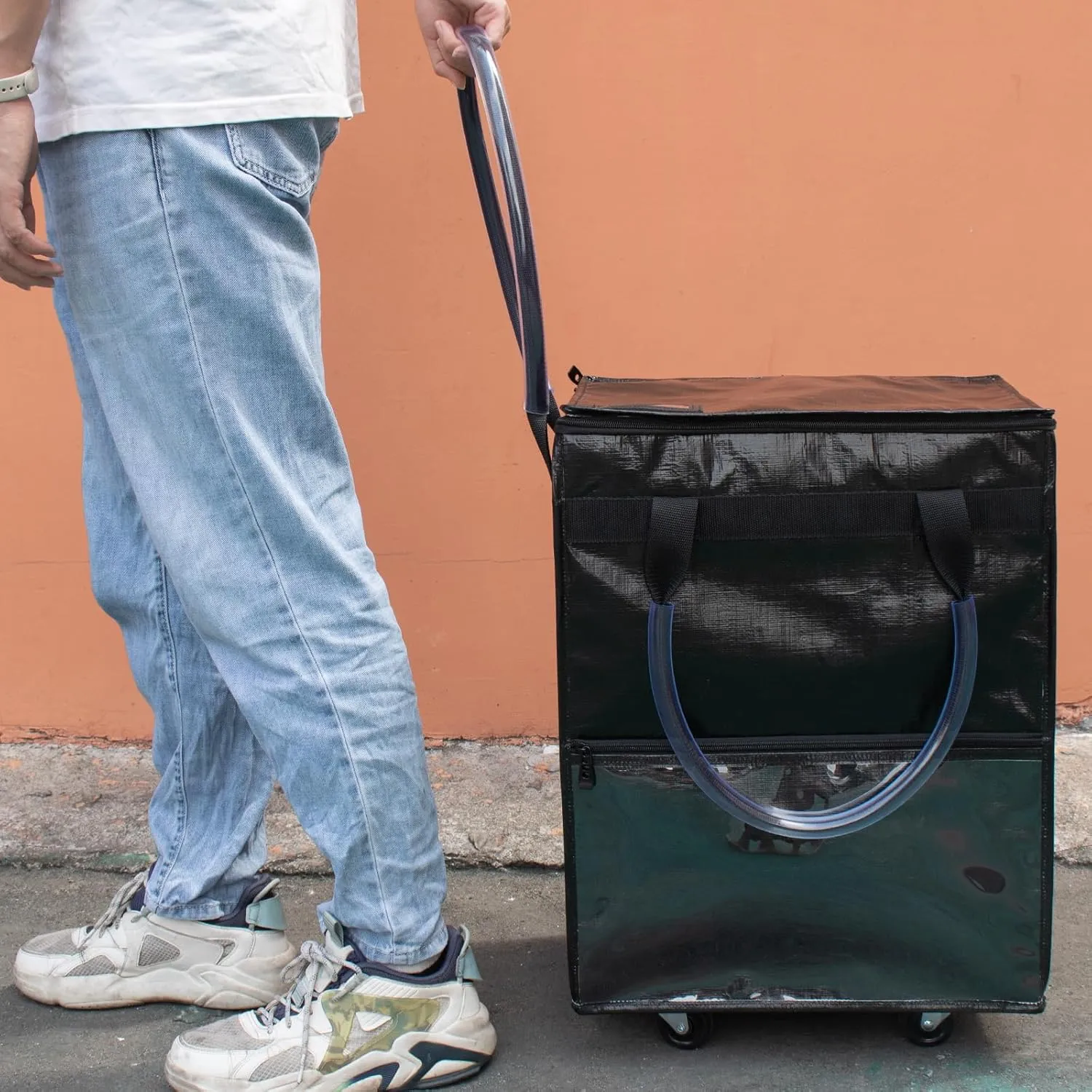 Reusable Grocery Bag on Wheels, (Medium, Black) Rolling Shopping Bags with Wheels and Handle, Folding Rolling Tote Trolley, 3 Pockets and Zipper Cover, Carries Up to 46 LBS