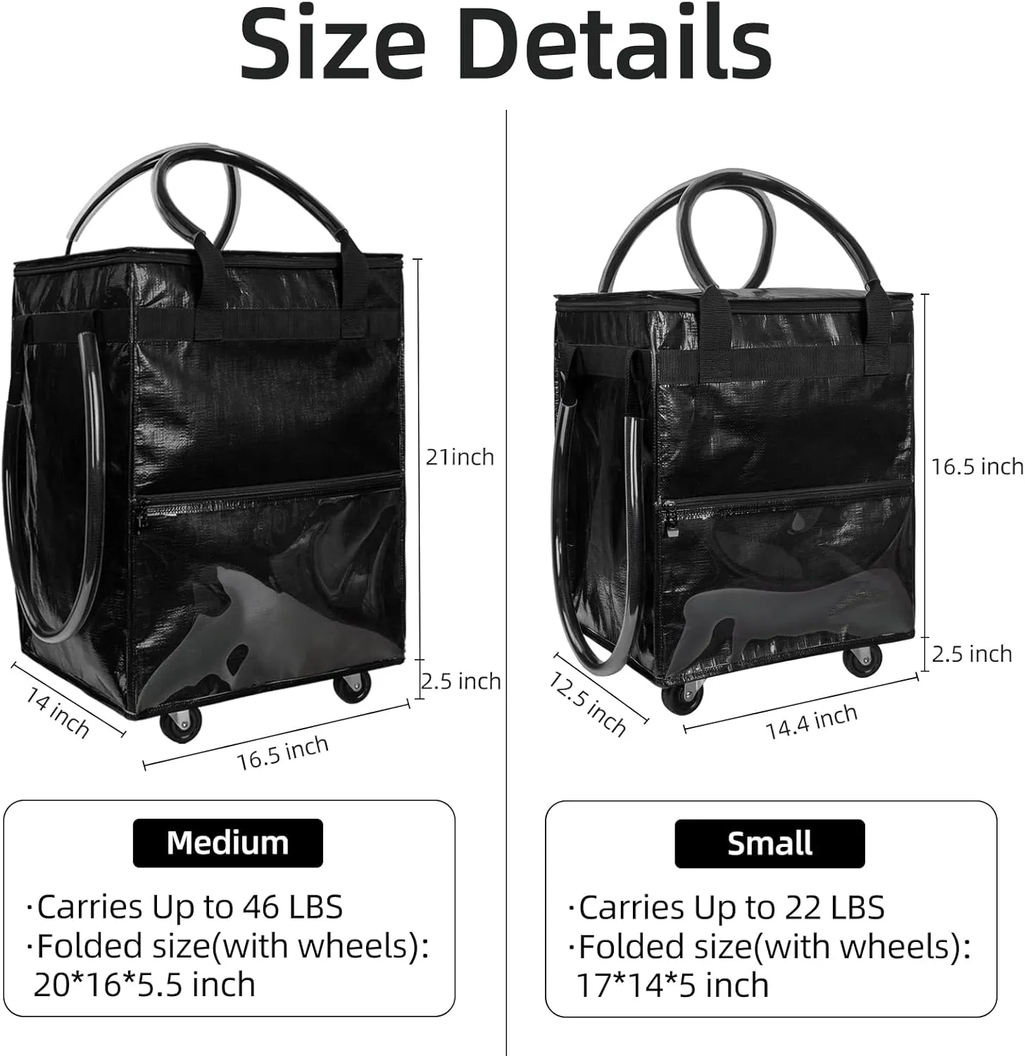 Reusable Grocery Bag on Wheels, (Medium, Black) Rolling Shopping Bags with Wheels and Handle, Folding Rolling Tote Trolley, 3 Pockets and Zipper Cover, Carries Up to 46 LBS
