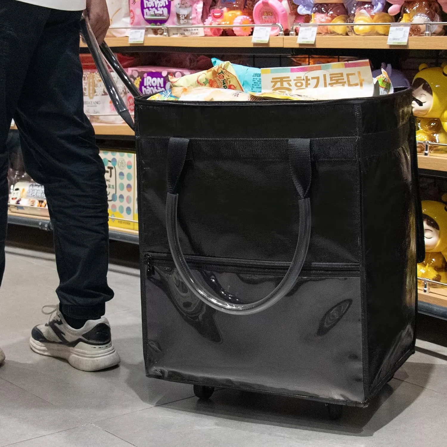 Reusable Grocery Bag on Wheels, (Medium, Black) Rolling Shopping Bags with Wheels and Handle, Folding Rolling Tote Trolley, 3 Pockets and Zipper Cover, Carries Up to 46 LBS