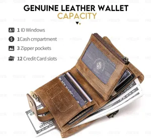 RFID Blocking Genuine Leather Wallet for Women and Men Vintage Small Purse with Chain and Clasp Closure Brown (Brown1)