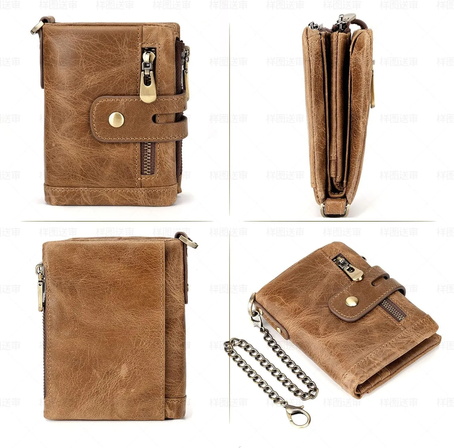 RFID Blocking Genuine Leather Wallet for Women and Men Vintage Small Purse with Chain and Clasp Closure Brown (Brown1)