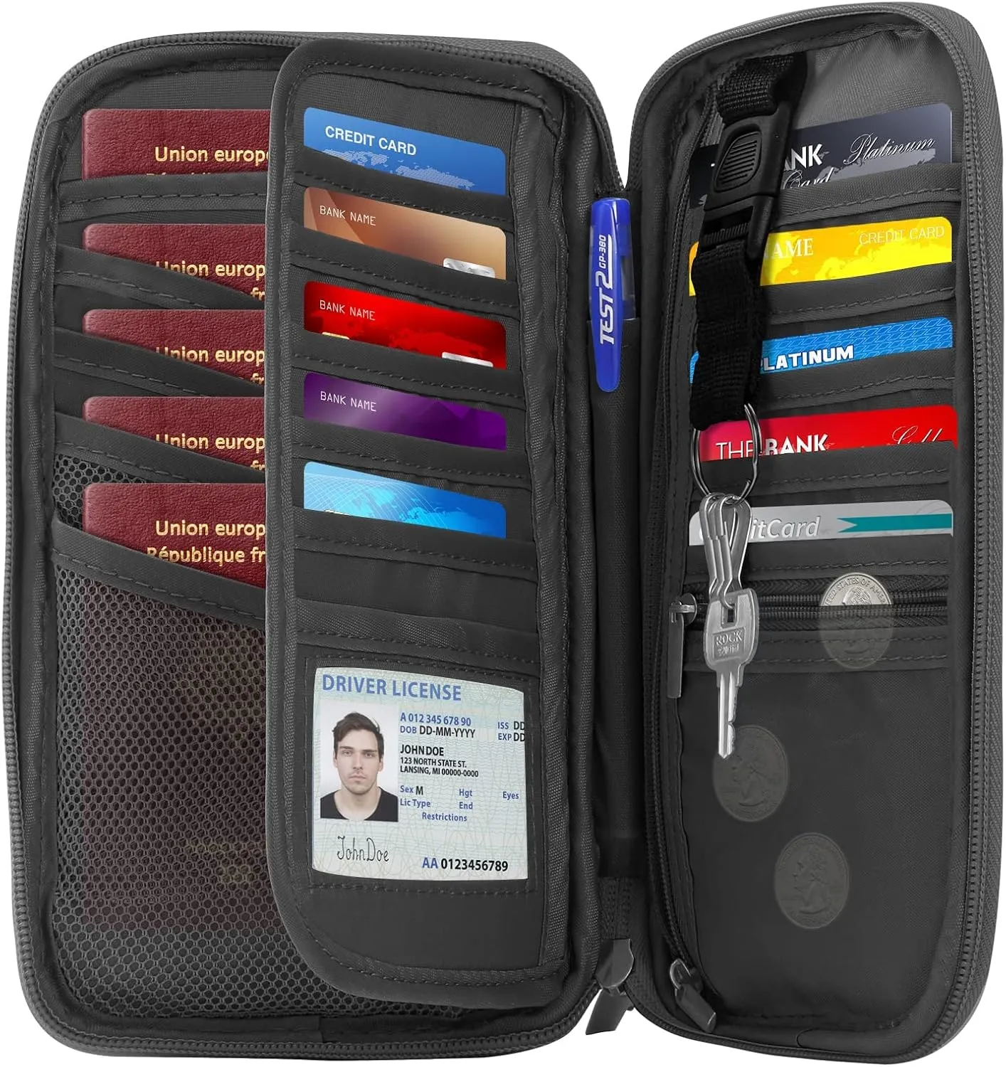 RFID Passport Holder for Family - Large Travel Wallet Holder with Zipper Pocket, Lightweight Portable Document Organizer Passport Card Cover, Blue