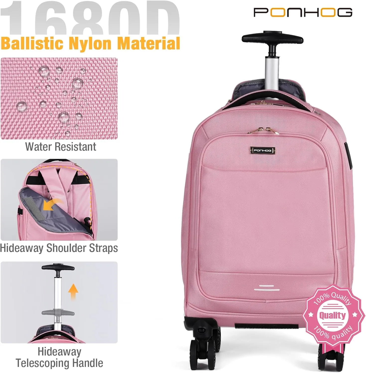 Rolling Backpack - Travel Backpack with 4 Spinner Wheels 15.6 inch laptop Backpack Carry on Wheeled Backpacks for Men Women Suitable for Overnight Work Business College Pink