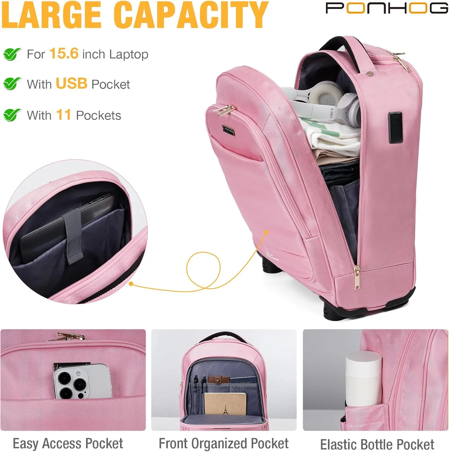 Rolling Backpack - Travel Backpack with 4 Spinner Wheels 15.6 inch laptop Backpack Carry on Wheeled Backpacks for Men Women Suitable for Overnight Work Business College Pink