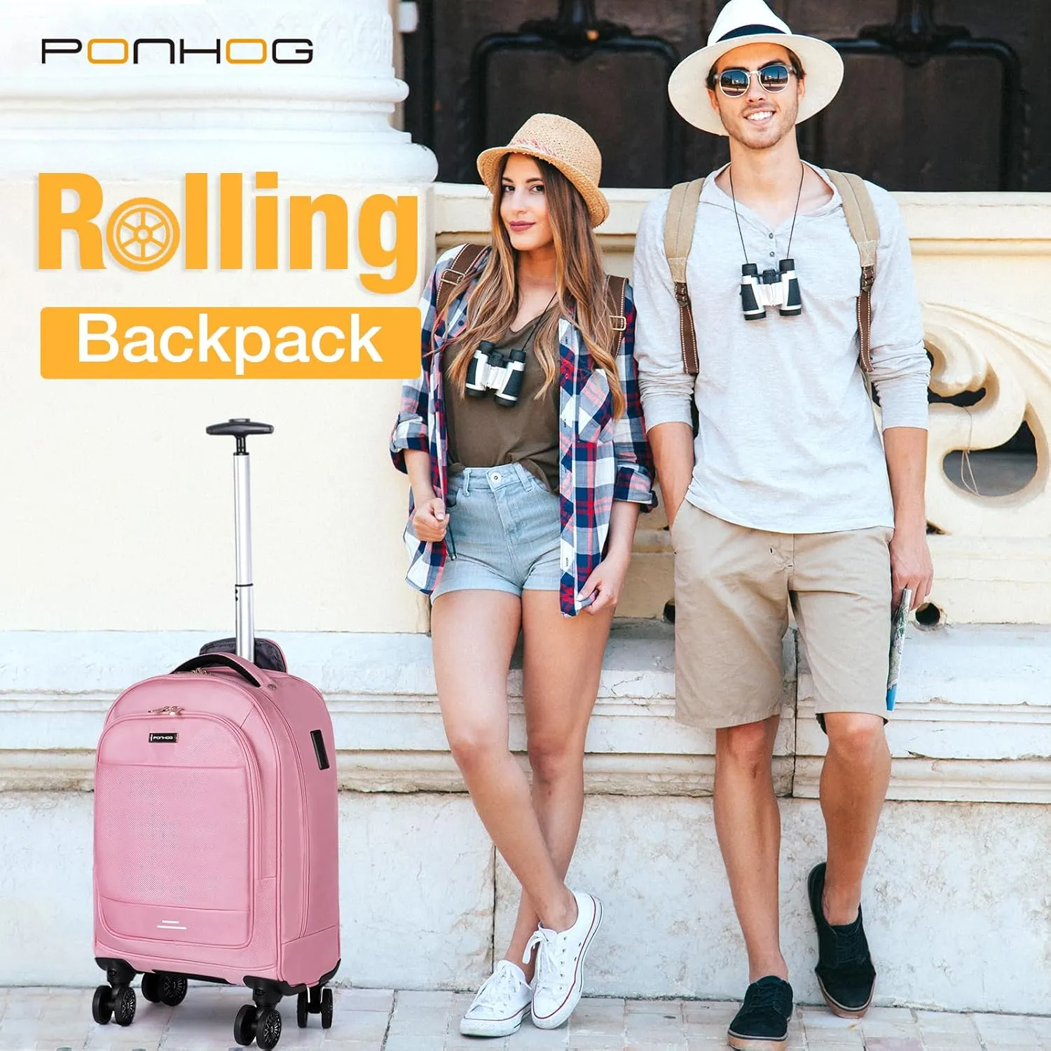 Rolling Backpack - Travel Backpack with 4 Spinner Wheels 15.6 inch laptop Backpack Carry on Wheeled Backpacks for Men Women Suitable for Overnight Work Business College Pink