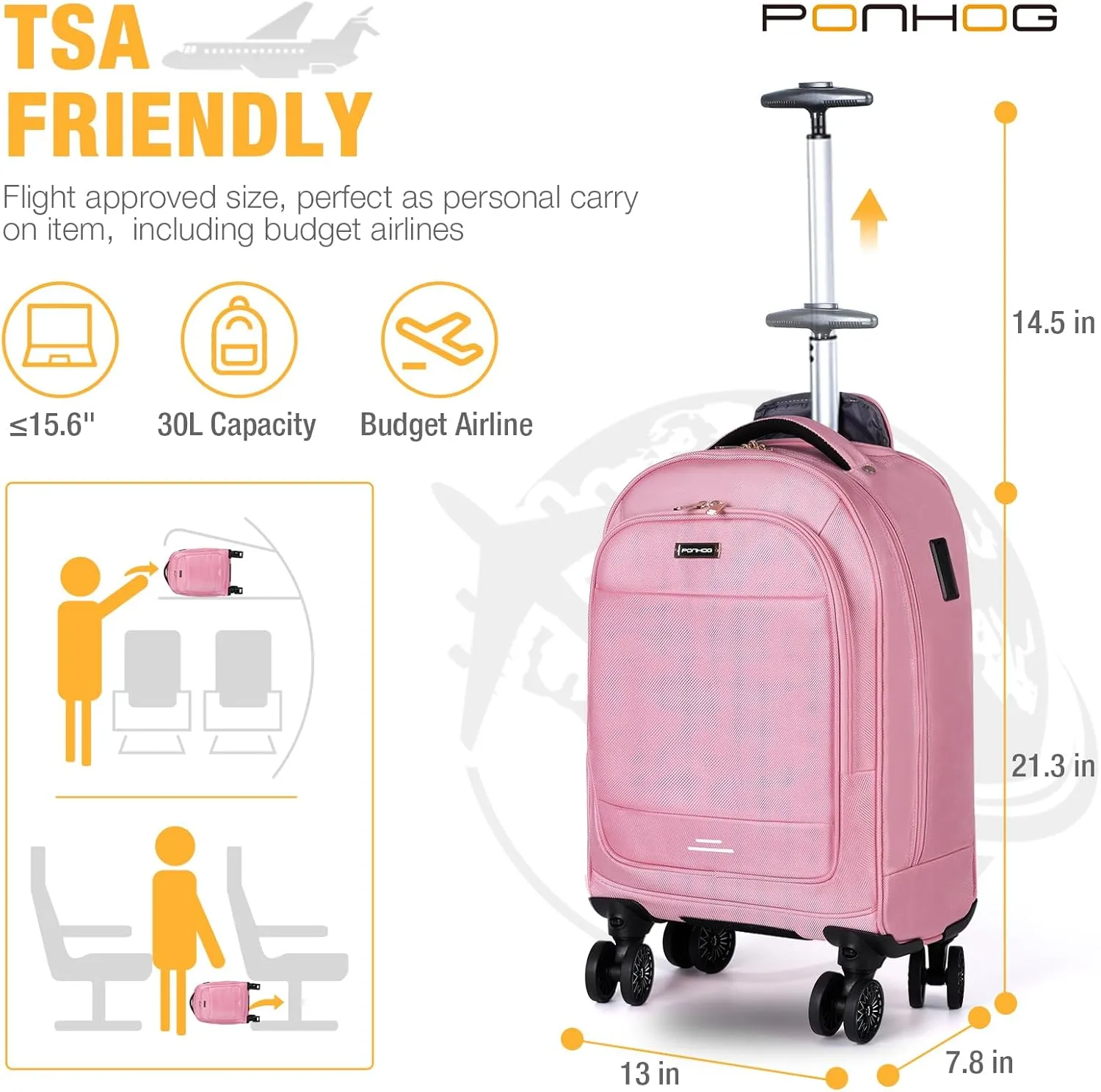 Rolling Backpack - Travel Backpack with 4 Spinner Wheels 15.6 inch laptop Backpack Carry on Wheeled Backpacks for Men Women Suitable for Overnight Work Business College Pink