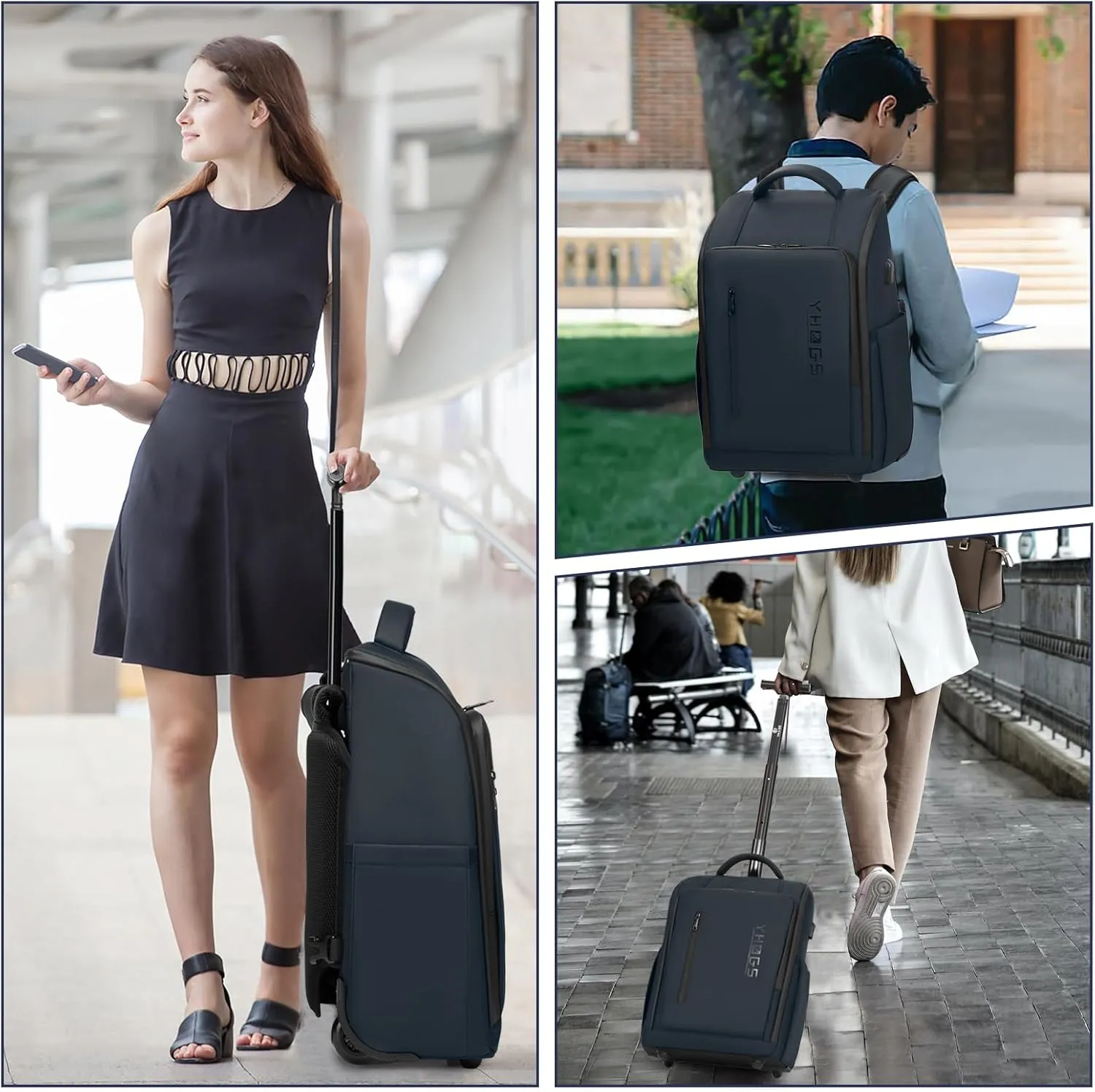 Rolling Backpack, Waterproof Backpack with Wheels for Business Commuter, Carry on Backpack with Laptop Compartment, Fit 15.6 Inch Laptop, Wheeled Backpack for Adults