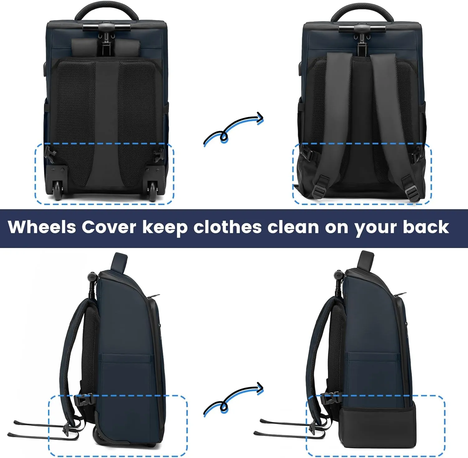 Rolling Backpack, Waterproof Backpack with Wheels for Business Commuter, Carry on Backpack with Laptop Compartment, Fit 15.6 Inch Laptop, Wheeled Backpack for Adults