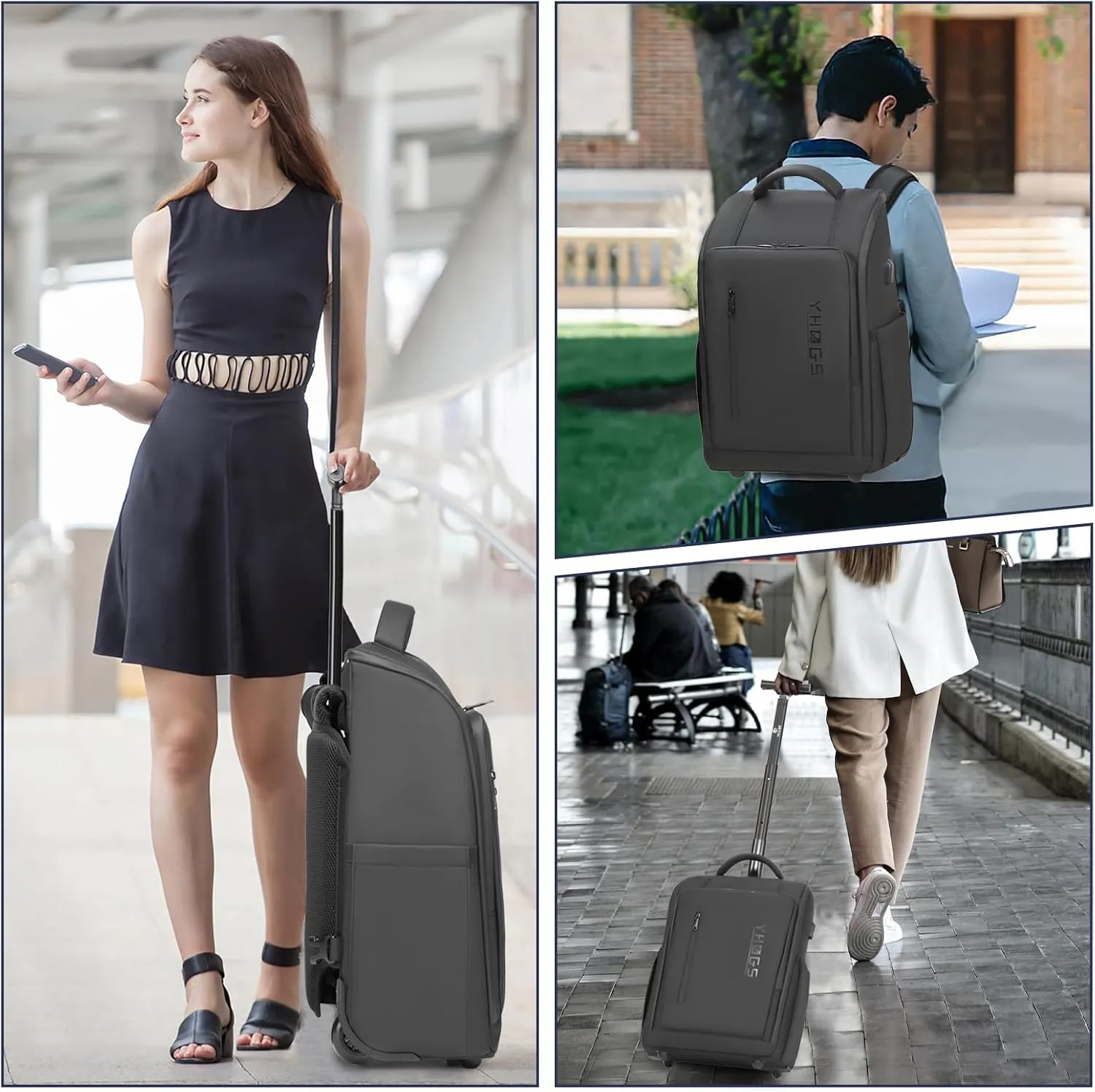 Rolling Backpack, Waterproof Backpack with Wheels for Business Commuter, Carry on Backpack with Laptop Compartment, Fit 15.6 Inch Laptop, Wheeled Backpack for Adults