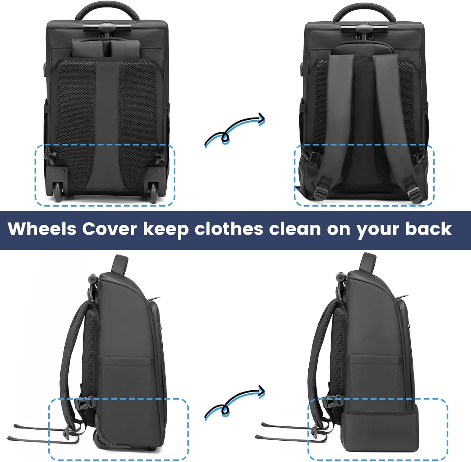 Rolling Backpack, Waterproof Backpack with Wheels for Business Commuter, Carry on Backpack with Laptop Compartment, Fit 15.6 Inch Laptop, Wheeled Backpack for Adults