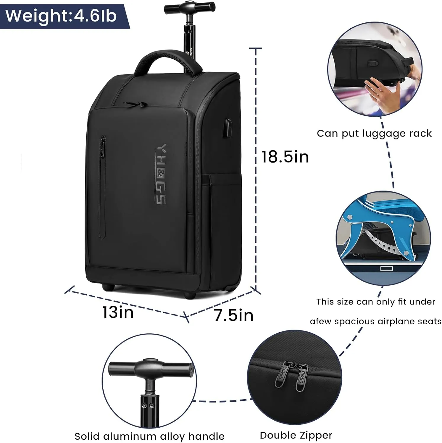 Rolling Backpack, Waterproof Backpack with Wheels for Business Commuter, Carry on Backpack with Laptop Compartment, Fit 15.6/18 Inch Laptop, Wheeled Backpack for Adults (Black)