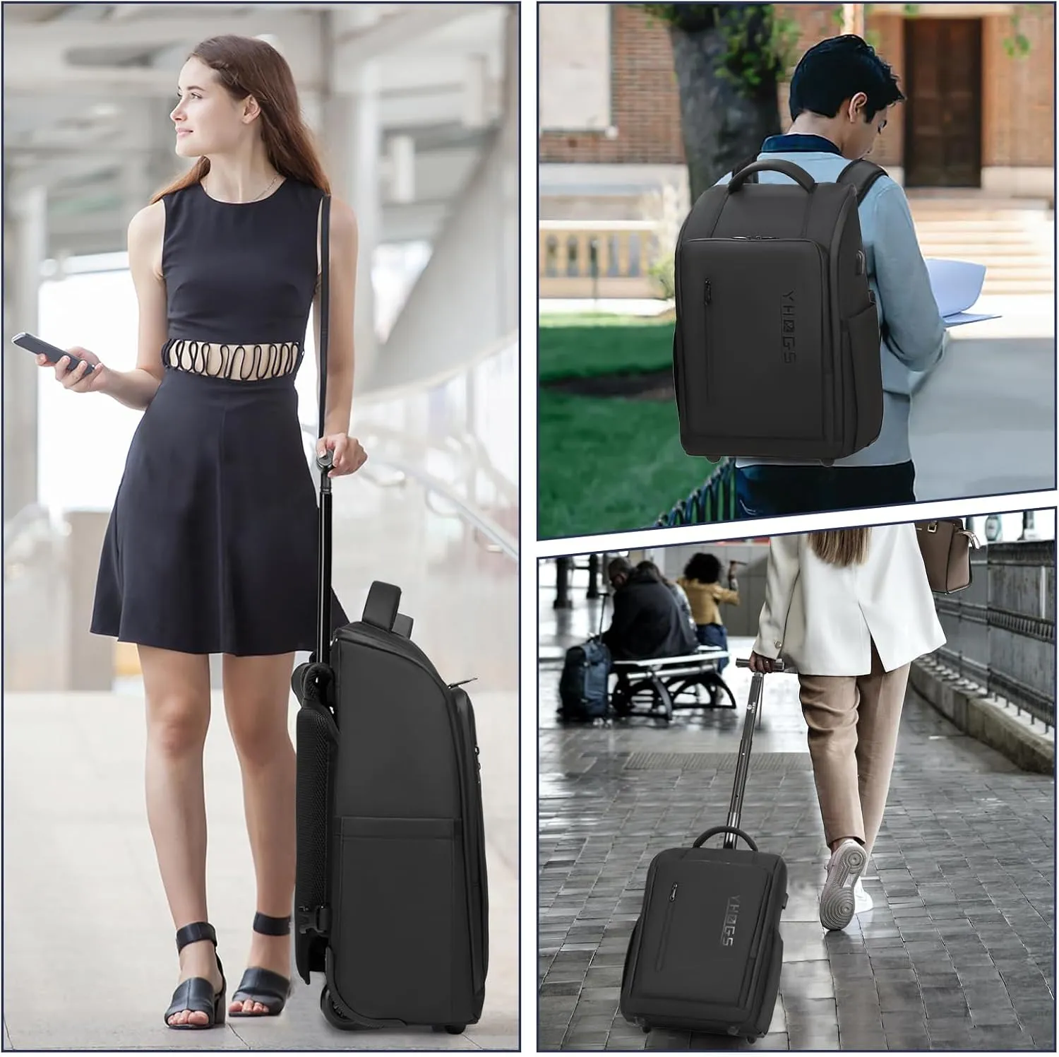 Rolling Backpack, Waterproof Backpack with Wheels for Business Commuter, Carry on Backpack with Laptop Compartment, Fit 15.6/18 Inch Laptop, Wheeled Backpack for Adults (Black)
