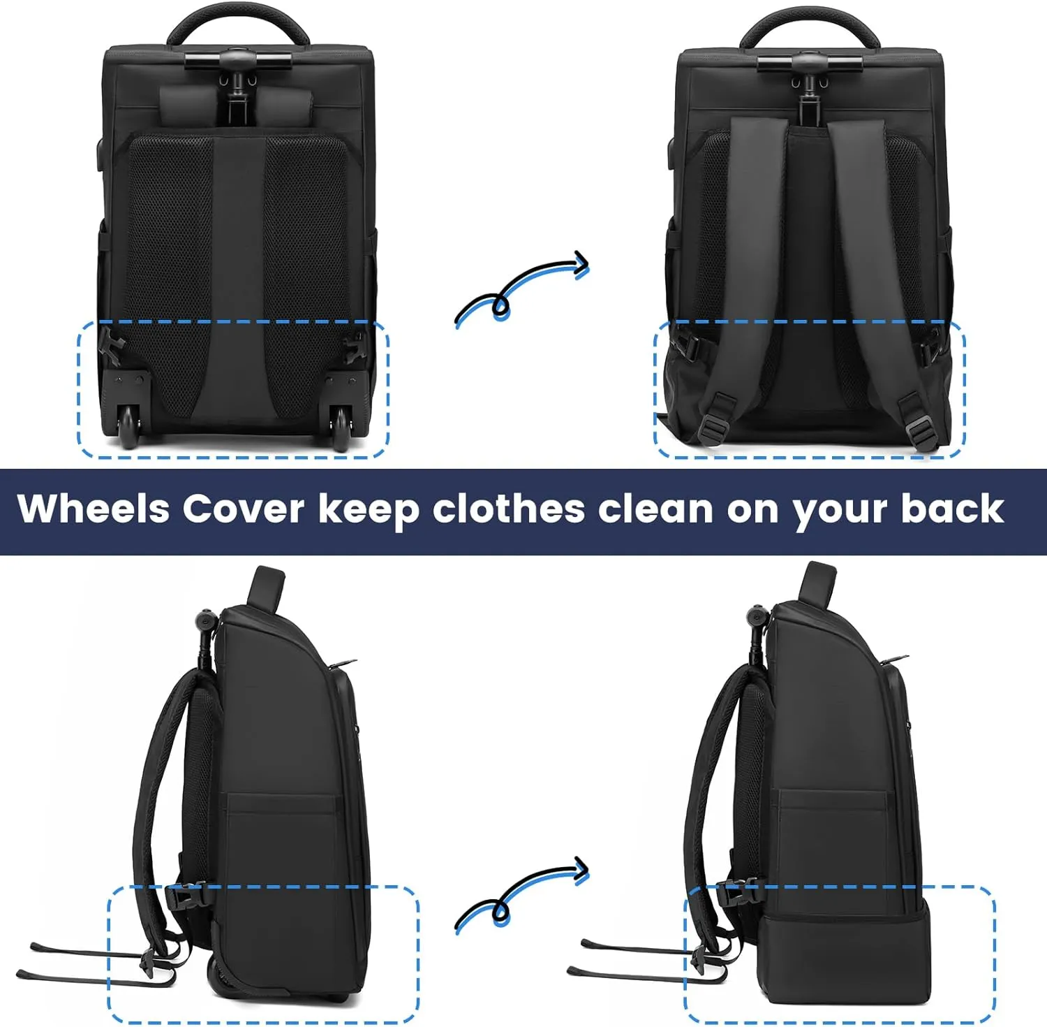 Rolling Backpack, Waterproof Backpack with Wheels for Business Commuter, Carry on Backpack with Laptop Compartment, Fit 15.6/18 Inch Laptop, Wheeled Backpack for Adults (Black)