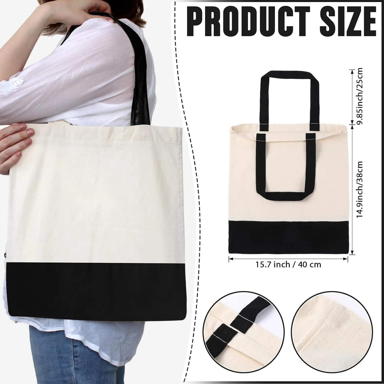 Roowest 60 Pcs Employee Appreciation Gifts Cotton Canvas Tote Bags Bulk Reusable Grocery Shopping Cloth Bags for Womens DIY(Black and Natural)
