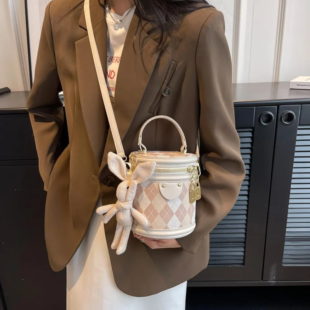 RTGGSEL Quilted Lattice Crossbody Shoulder Bags for Women Small Tote Square Satchel Handbags Purse with Bunny Doll Pendant