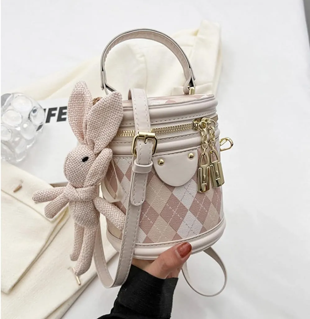 RTGGSEL Quilted Lattice Crossbody Shoulder Bags for Women Small Tote Square Satchel Handbags Purse with Bunny Doll Pendant